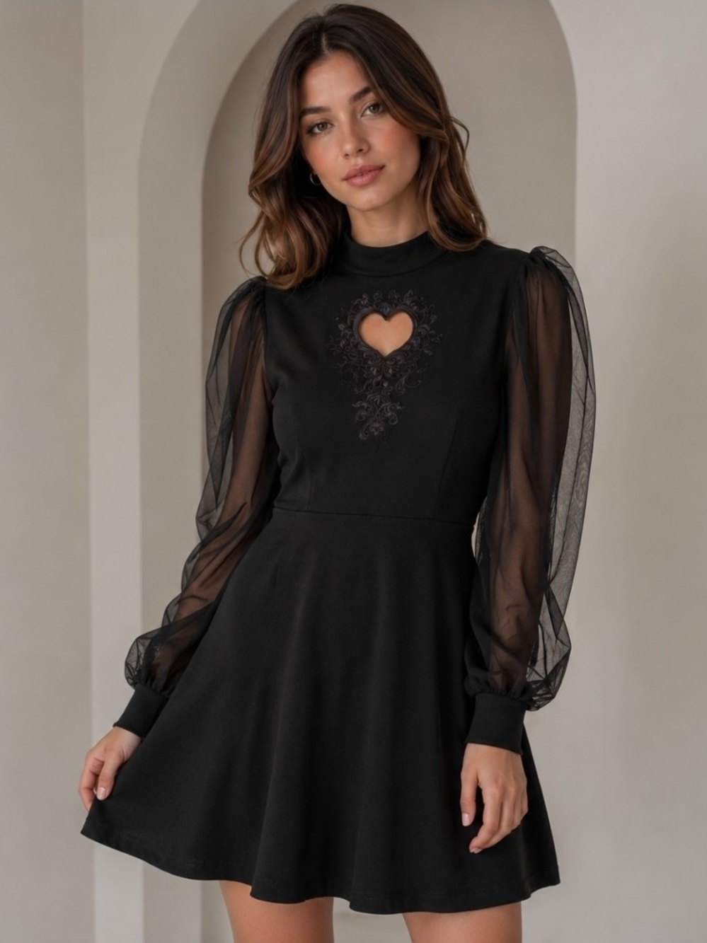 SHEIN Black Mesh Puff Sleeve Fit & Flare Dress with Heart Cutout